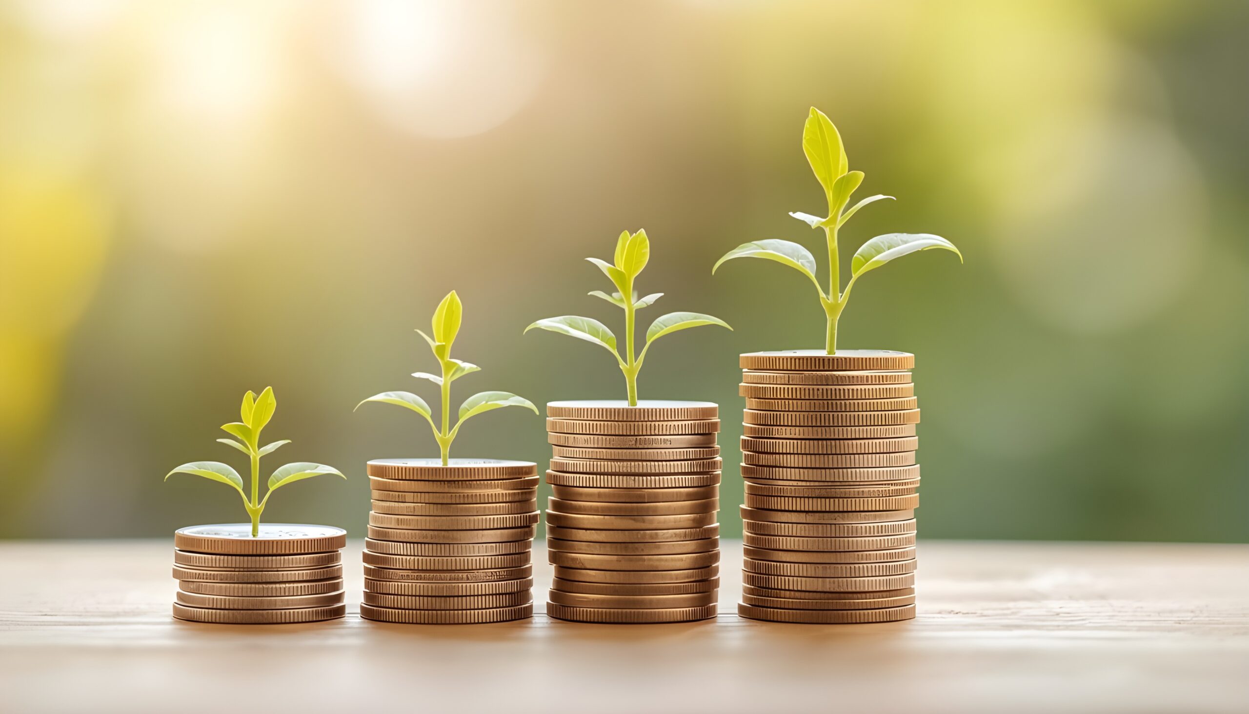 Long-term investing concept with growing plants on stacked coins representing disciplined wealth building.